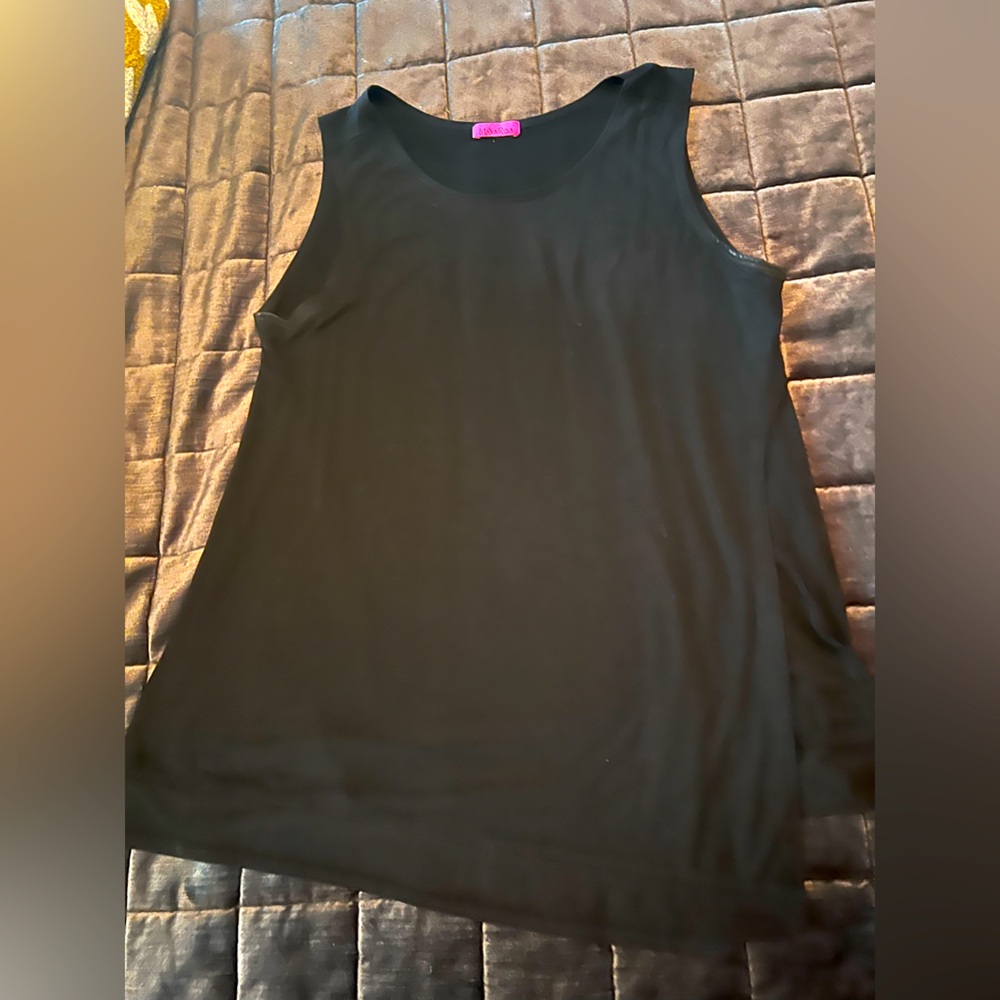 Long tank top with asymmetrical front and sheer band at the bottom-beautiful!